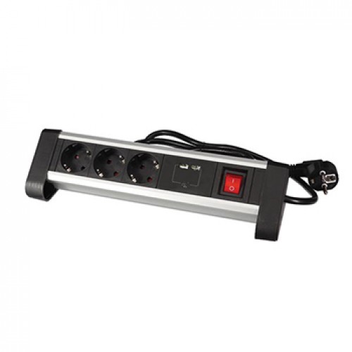 Bloco de Secretária 3 Tomadas + 2 portas Carregamento USB-A