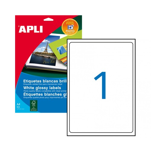 Etiquetas 199,6x289mm 10Fls A4 Branco Glossy Apli 10un