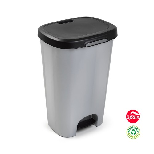 Contentor 50L Plástico c/Pedal Preto e Prata